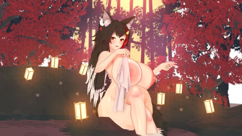 1girls 3d animal_ear_fluff animal_ears areolae bathing black_hair breasts crossed_legs curvy female holding_cup holding_sake_cup holding_towel hololive hololive_gamers hololive_japan huge_breasts koikatsu lantern looking_at_viewer milf multicolored_hair naked_female nipples onsen ookami_mio outdoors ponytail red_hair sitting sitting_on_rock thick_thighs virtual_youtuber vtuber water wet_body wide_hips wolf_ears wolf_girl wolf_tail