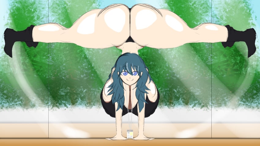 1girls ass black_panties blue_eyes breasts byleth_(fire_emblem) byleth_(fire_emblem)_(female) doctordongass female female_only fire_emblem fire_emblem:_three_houses flexible gigantic_breasts handstand huge_ass looking_at_viewer nintendo panties smile solo splits sports_bra teal_hair thong underwear upside-down