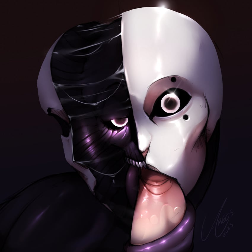 1girls argosornstein black_body blowjob blowjob_face creepy dark_skin demon fellatio ghost glowing glowing_eyes horror human human_penetrating larger_female light-skinned_male long_penis looking_at_viewer mask masked monster_girl scary shiny_skin the_crawler_(zeblackballd) torso white_skin zeblackballd_(artist)