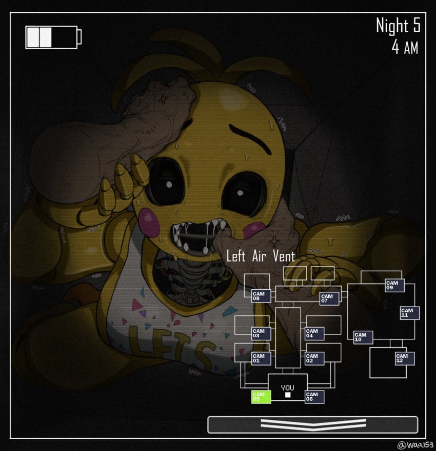 1girls animatronic big_breasts bodily_fluids female five_nights_at_freddy's five_nights_at_freddy's_2 gonzalo_costa grabbing grabbing_arm grabbing_mouth mechanical open_mouth opening_mouth saliva teeth toy_chica_(fnaf) waa153 yellow_body yellow_skin