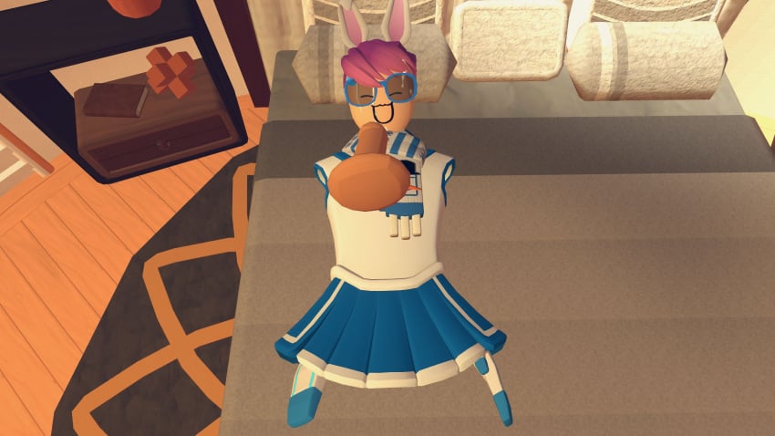 1boy 1femboy :3 bed cum_on_face demithefemboy05 femboy happy purple_hair rec_room rec_room_avatar skirt tagme