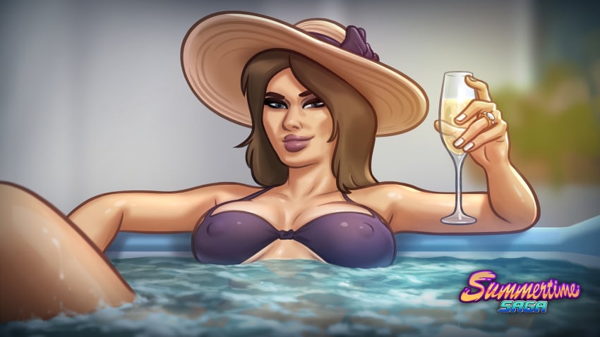 1girls 2d alternate_version_available areolae big_breasts bikini bikini_top breasts brown_hair cleavage darkcookie digital_drawing_(artwork) digital_media_(artwork) erect_nipples glass hat headwear highres holding holding_drink holding_object jacuzzi light-skinned_female light_skin long_hair looking_at_viewer melonia_(summertime_saga) milf nipples nipples_visible_through_clothing pinup presenting presenting_breasts smile smiling smirk smirking solo solo_focus summertime_saga sunhat wallpaper water watermark wine wine_glass