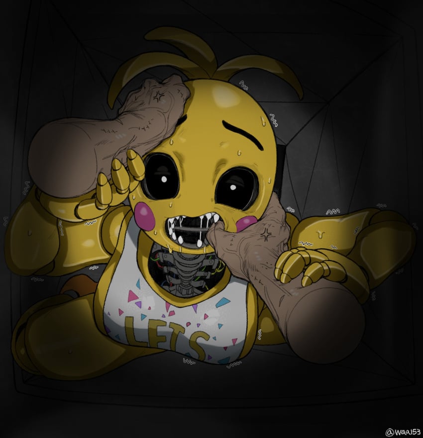 1girls animatronic big_penis bodily_fluids bodysuit female fish_hooking five_nights_at_freddy's five_nights_at_freddy's_2 gonzalo_costa grabbing_from_behind grabbing_mouth mechanical open_clothes open_mouth saliva_trail toy_chica_(fnaf) waa153 yellow_body yellow_sclera