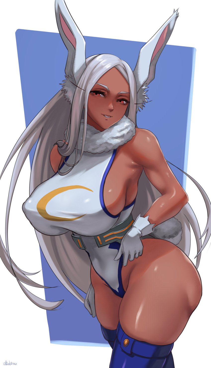 1girls animal_ears animal_tail big_breasts blue_thighhighs breasts bunny_ears bunny_tail clothing female female_only hair hips huge_breasts large_breasts legwear leotard long_hair miruko my_hero_academia red_eyes rumi_usagiyama solo solo_female superheroine tail thick_thighs thighhighs thighs ultrabinou white_hair wide_hips