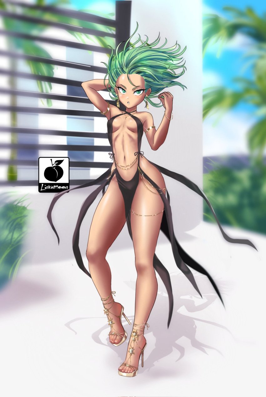 1girl 1girls artist_logo cleavage feet female female_focus green_eyes green_hair high_heels linkartoon one-punch_man petite petite_body petite_female revealing_clothes small_breasts solo solo_female stiletto_heels tatsumaki thick_thighs very_high_heels