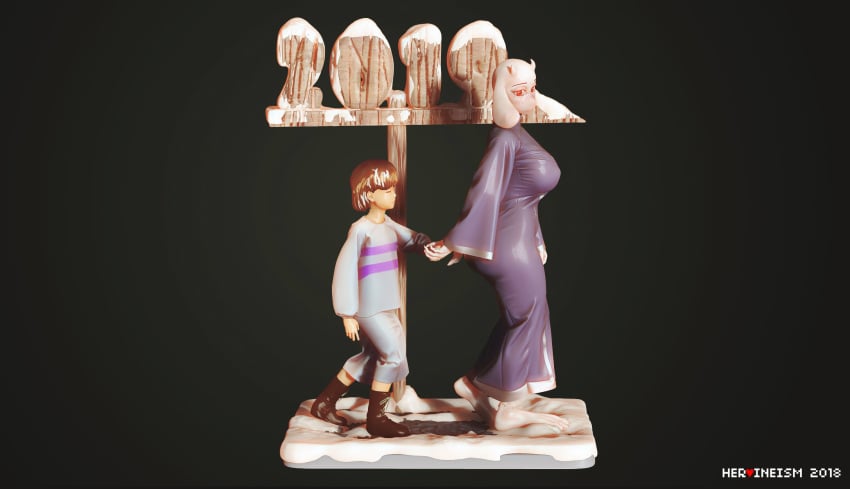 2018 2019 3d age_difference anthro ass barefoot big_ass big_breasts big_feet breasts dress frisk handholding happy_new_year heroineism holding_hands huge_ass human large_breasts long_dress new_year new_year_2019 signpost size_difference tight_clothing tight_dress toriel undertale undertale_(series) walking