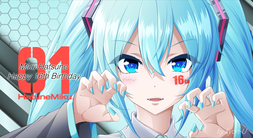 absurdres aqua_eyes aqua_hair aqua_nails aqua_necktie artist_name black_sleeves character_name english_text female from_side hair_between_eyes happy_birthday hatsune_miku highres kyon-u looking_at_viewer necktie open_mouth shirt solo symbol-shaped_pupils teeth twintails upper_teeth_only vocaloid