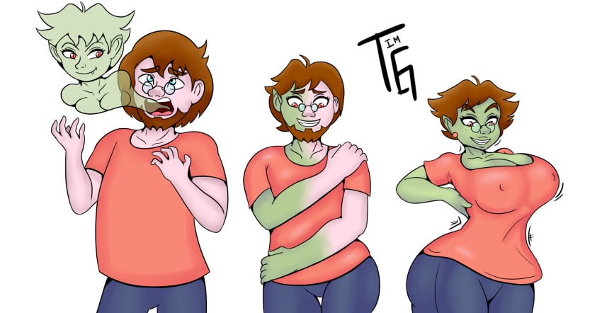 amber_eyes breasts brown_hair glasses goblin goblin_female goblinification green_skin male_to_female mtf_transformation possession timgarabatox_(artist) transformation