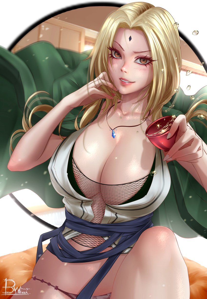 1girls alcohol areola_slip areolae bearwitch big_breasts blonde_hair bottomless breasts brown_eyes busty clothing eyelashes eyeshadow facial_mark female female_only fishnet_shirt fishnets forehead_mark haori huge_breasts lipstick long_fingernails long_hair looking_at_viewer makeup mature mature_female nail_polish naruto naruto_(series) naruto_shippuden necklace panties partially_clothed pendant pot sake sharp_fingernails short_kimono smile tied_hair tsunade twintails wide_hips