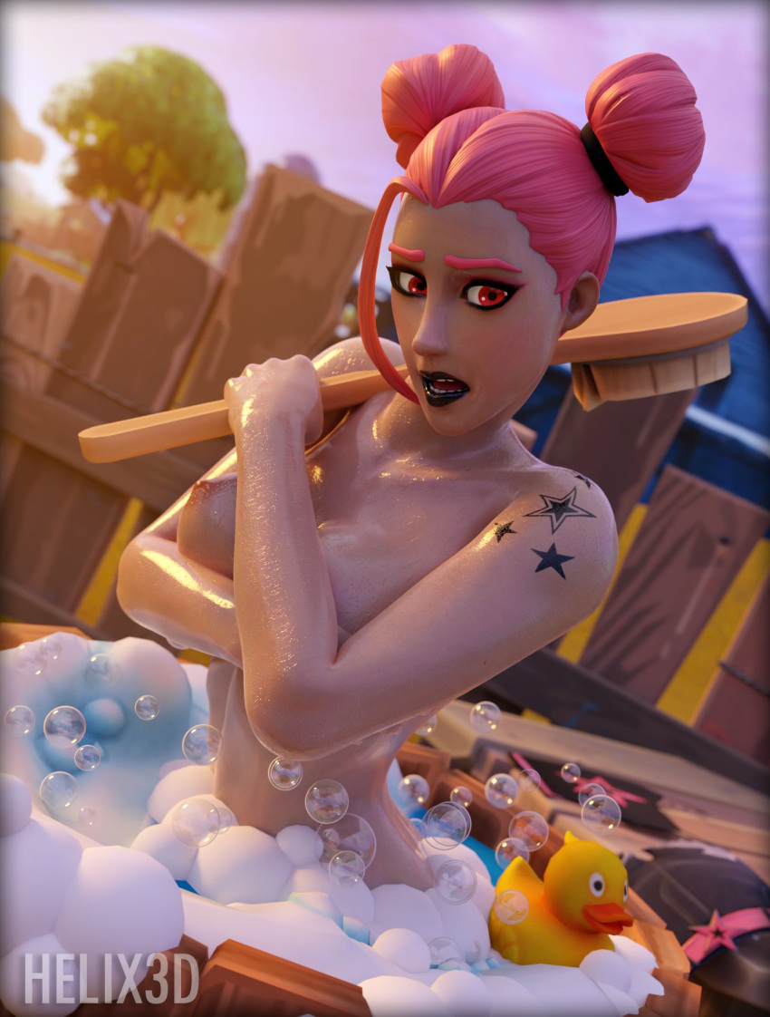 3d bathing bathing_outside breasts covered_nipples covering_breasts female fortnite fortnite:_battle_royale haze_(fortnite) helix3d looking_at_viewer nude nude_female rubber_duck suprised suprised_look surf_witch_(fortnite) tattoo tattoos wet wet_body