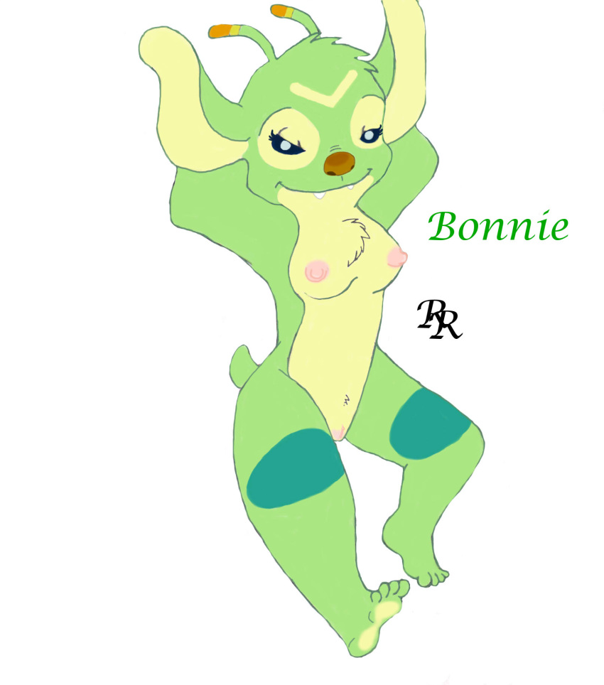 1girls antennae_(anatomy) anthro arms_behind_head bonnie_(lilo_and_stitch) breasts chest_fluff chest_fur disney female female_only fur furry green_fur lilo_and_stitch mouth_closed nipples nude pussy rascalraccoon solo solo_female tagme