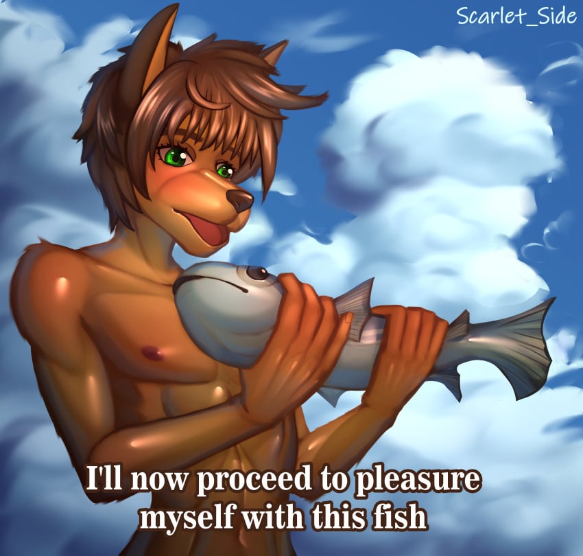 1boy 2023 brown_fur brown_hair canid canine canis cloud clouds code_geass dog_ears fish fur furrification furry furry_only green_eyes guy hair i'll_now_proceed_to_pleasure_myself_with_this_fish kururugi_suzaku male male_focus meme nipples open_mouth scarlet_side skinny skinny_waist sky solo tail text waist