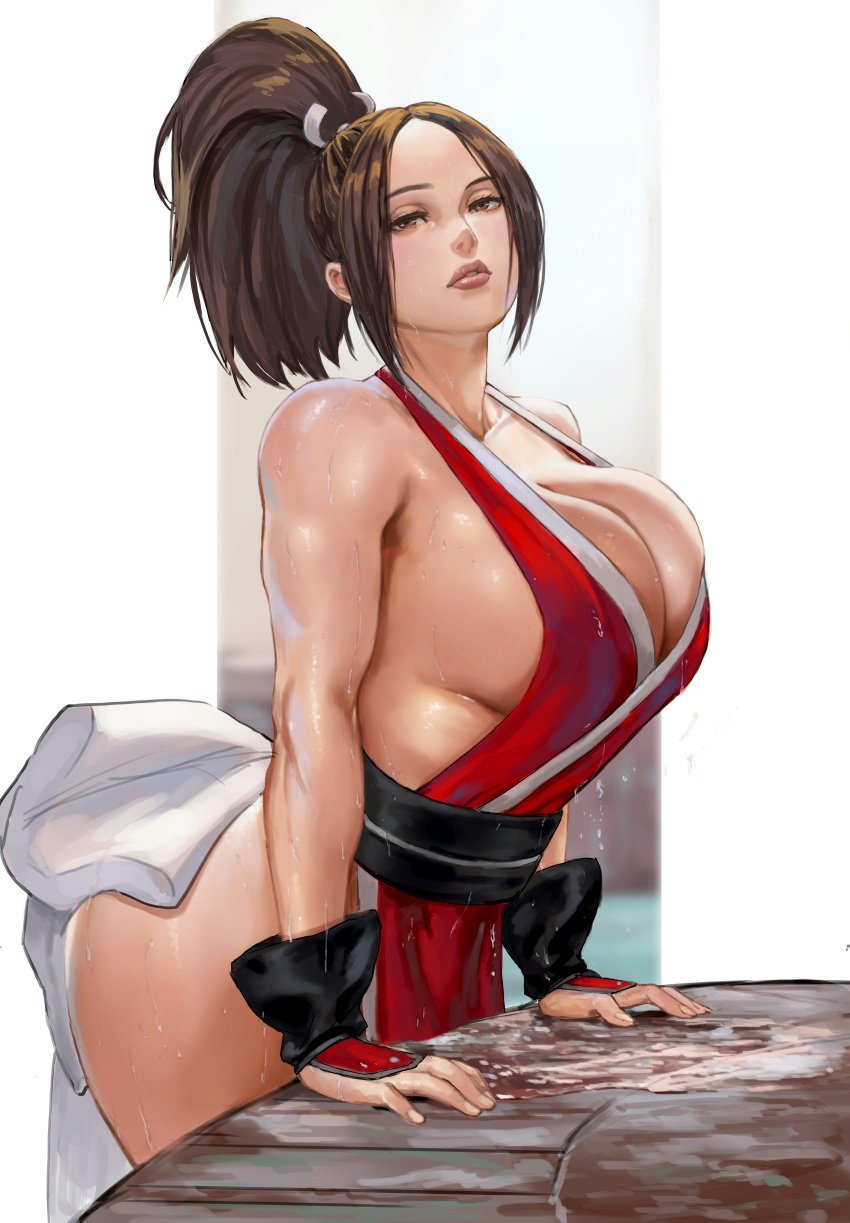 2d 2d_(artwork) 2d_artwork big_ass big_breasts busty edit edited hair_ornament hi_res kasai_x3 king_of_fighters lejeanx3 looking_at_viewer mai_shiranui snk solo sweat