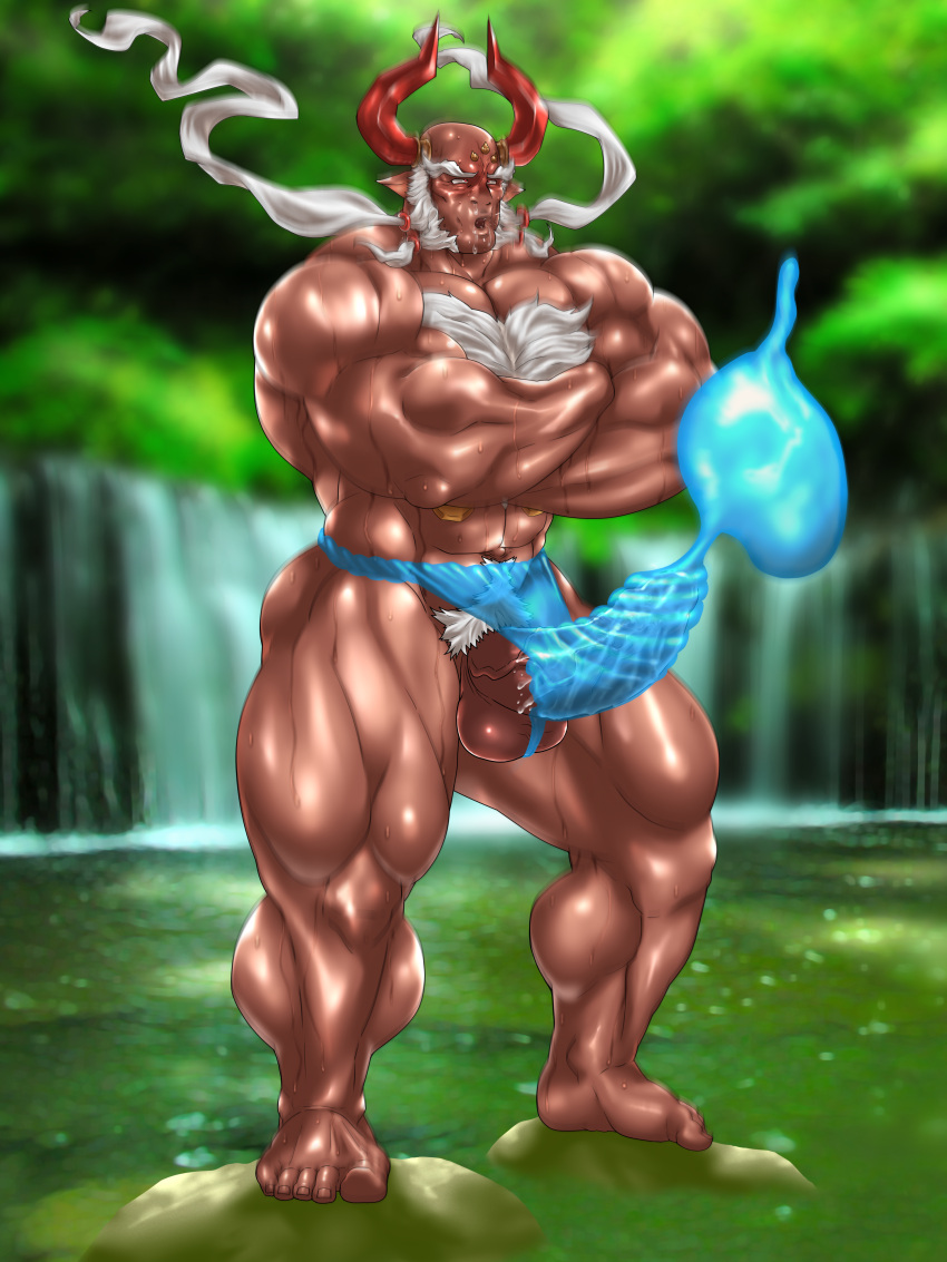 balls bara blush boner crossed_arms cum cum_under_clothes draph erection erection_under_clothes facial_hair fundoshi fundoshi_only ghandagoza granblue_fantasy hitenmaru horns male male_only muscles muscular orgasm penis solo solo_male sweat sweating white_hair