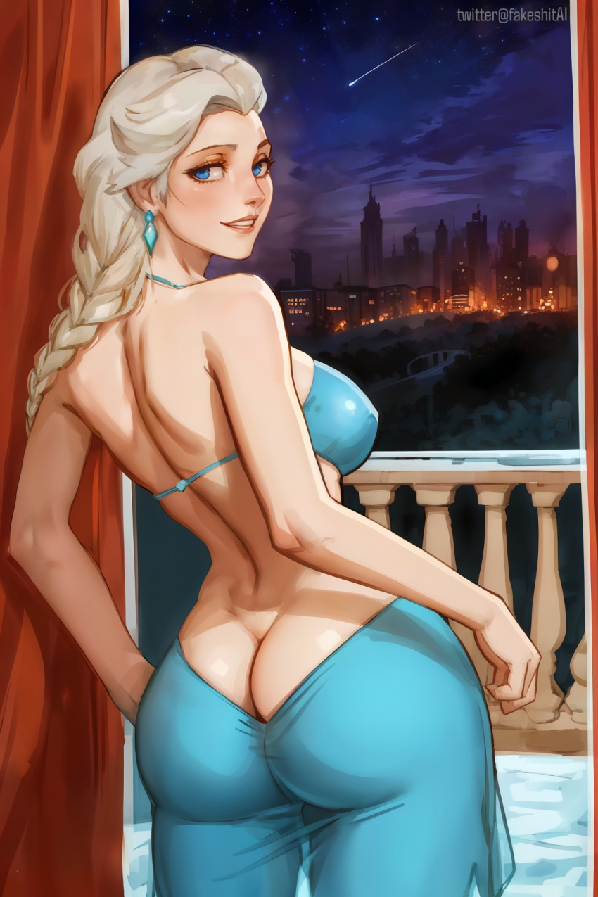 1girls 2d ai_generated ass balcony blue_eyes braided_hair dat_ass earrings elsa_(frozen) fakeshit fit fit_female from_behind frozen_(film) half-dressed jewelry large_ass light-skinned_female light_skin looking_back night standing white_hair