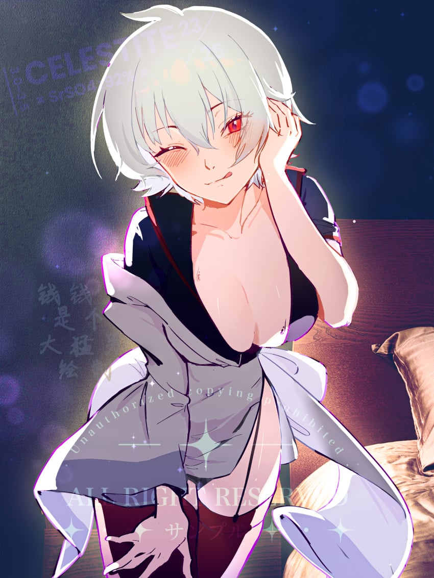 bedroom big_breasts blush canon_genderswap cleavage female female_only garter_straps genderswap_(mtf) ginko_sakata gintama gintoki_sakata hadanugi_dousa hand_on_head japanese_clothes kimono leaning_forward looking_at_viewer no_bra popped_collar red_eyes rule_63 short_hair short_kimono side_slit silver_hair smile solo stockings thighhighs tongue_out very_short_hair white_hair wink