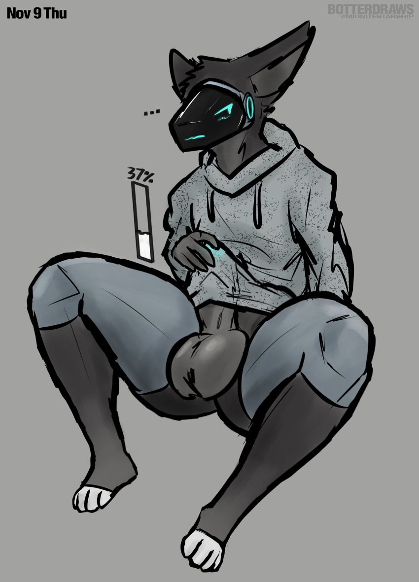 2023 anthro ass balls big_balls big_ears black_body bodily_fluids botter_dork bottomless clothed clothing cum_meter erection erection_under_clothing fur genital_fluids genitals glistening glistening_balls glistening_genitalia glowing glowing_genitalia glowing_underneath_clothes hi_res hoodie hoodie_only joel_(botter_dork) looking_away machine male male_only meme no_nut_november page_9 penis precum presenting protogen rubbing rubbing_penis screen screen_face shy simple_background sitting solo spread_legs spreading thick_thighs topwear topwear_only