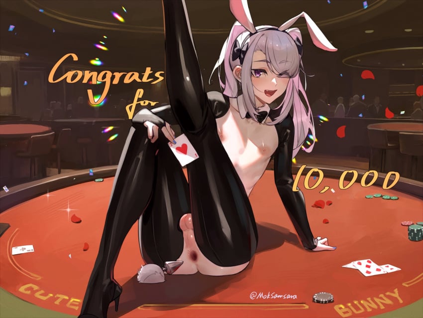 1boy ;d after_anal anal animal_ears anus asymmetrical_bangs black_bow black_bowtie black_hairband black_shrug black_thighhighs blue_nails boots bow bowtie bunny_boy bunnysuit buttplug buttplug_tail card casino casino_card_table commentary cute_male detached_collar fake_animal_ears femboy full_body gaping girly grey_hair hair_over_one_eye hairband high_heel_boots high_heels highres holding holding_card indoors latex latex_boots leg_up long_bangs long_hair looking_at_viewer male male_only male_playboy_bunny meme_attire milestone_celebration nail_polish nipples oerba_yun_fang on_table one_eye_closed open_mouth original otoko_no_ko people perineum playing_card poker_chip purple_eyes rabbit_ears reverse_bunnysuit reverse_outfit samsara sex_toy shrug_(clothing) sitting smile solo table tail testicles text thigh_boots thighhighs trap twintails twitter_username wing_collar