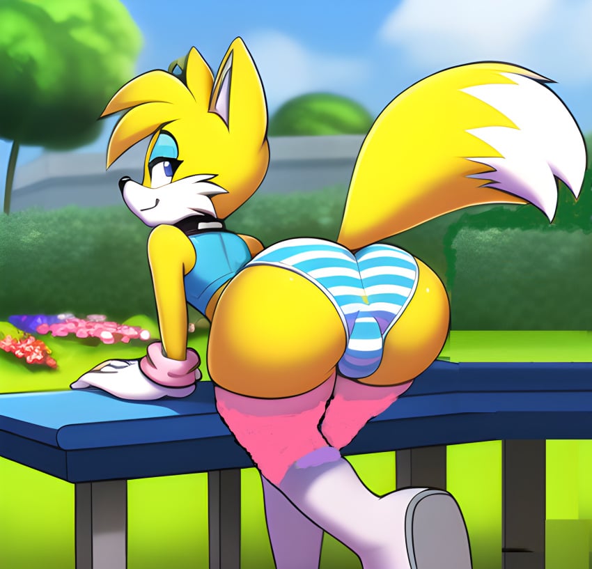 1boy ai_generated anthro ass balloon bench bending_over bent_over big_ass big_butt blonde_hair blue_eyes bulge bulge_through_clothing canine canis collar crop_top dipstick_tail femboy feminine_male feminine_tails fluffy_tail fox girly male male_only mammal medium_hair novelai panties rear_view smile smiling smiling_at_viewer solo sonic_(series) sonic_the_hedgehog_(series) striped_panties tail tails unknown_artist yellow_fur