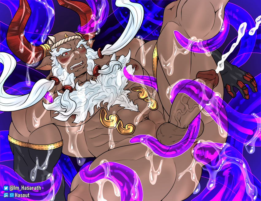 balls bara boner cum cum_covered cum_on_body draph erection facial_hair ghandagoza granblue_fantasy hasout_b horns male male_only muscles muscular nude orgasm penis solo solo_male spread_legs tentacle tentacle tentacle_in_ass tentacle_on_male tentacle_penetration tentacle_sex white_hair