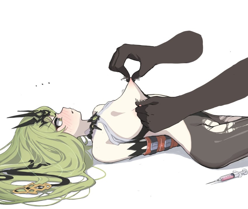 ... 1other bare_shoulders black_gloves black_pantyhose blush bondage bondage bound breasts disembodied_limb dress elbow_gloves female gloves goseumgoseumdochi green_eyes green_hair highres honkai_(series) honkai_impact_3rd long_hair lying mobius_(honkai_impact) nipples on_back open_mouth pantyhose restrained simple_background small_breasts solo_focus syringe torn_clothes torn_pantyhose v-shaped_eyebrows very_long_hair white_background white_dress