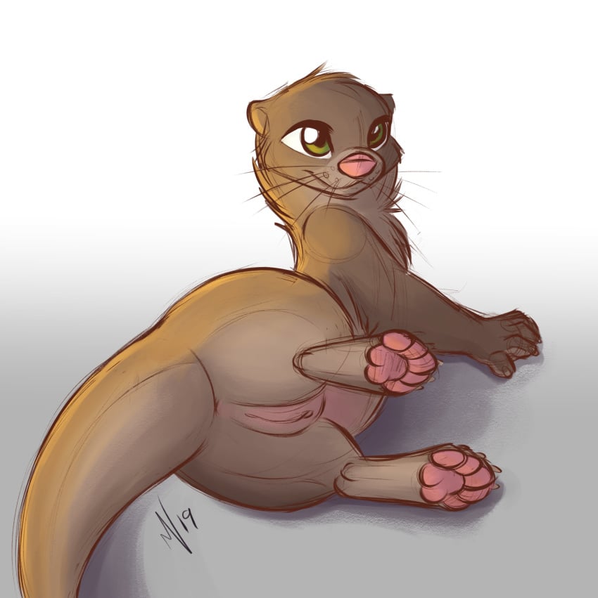 absurd_res brown_body brown_fur female feral fur genitals green_eyes hi_res kumotta mammal mustelid otter pawpads pink_pawpads pussy tail thick_tail