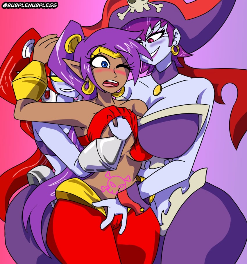 2doms1sub 3girls blue_eyes breast_grab burplenurpless claiming clothed_sex dark_skin fingering_pussy half-genie lezdom molestation multiple_girls nega-shantae pubic_tattoo purple_hair purple_skin questionable_consent red_hair risky_boots shantae shantae_(character) threesome yuri