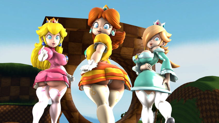 3d 3d_(artwork) 3girls blonde_hair blue_eyes brown_hair crown earrings gloves light_blue_dress mario_(series) nikopalad67140 nintendo pink_dress platinum_blonde_hair princess_daisy princess_peach princess_rosalina source_filmmaker stockings tagme yellow_dress