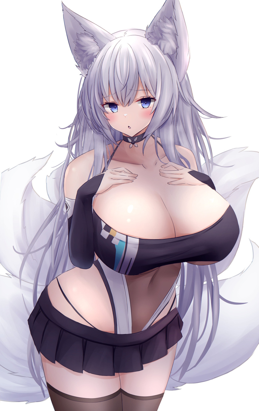 1girls azur_lane blue_eyes breasts cleavage female fluffy_ears fluffy_tail fox_ears fox_girl fox_tails kitsune large_breasts light-skinned_female light_skin long_hair midriff multiple_tails race_queen revealing_clothes sakura_empire_(azur_lane) shinano_(azur_lane) shinano_(moonlit_chrome)_(azur_lane) tail white_hair yuuki_shuri