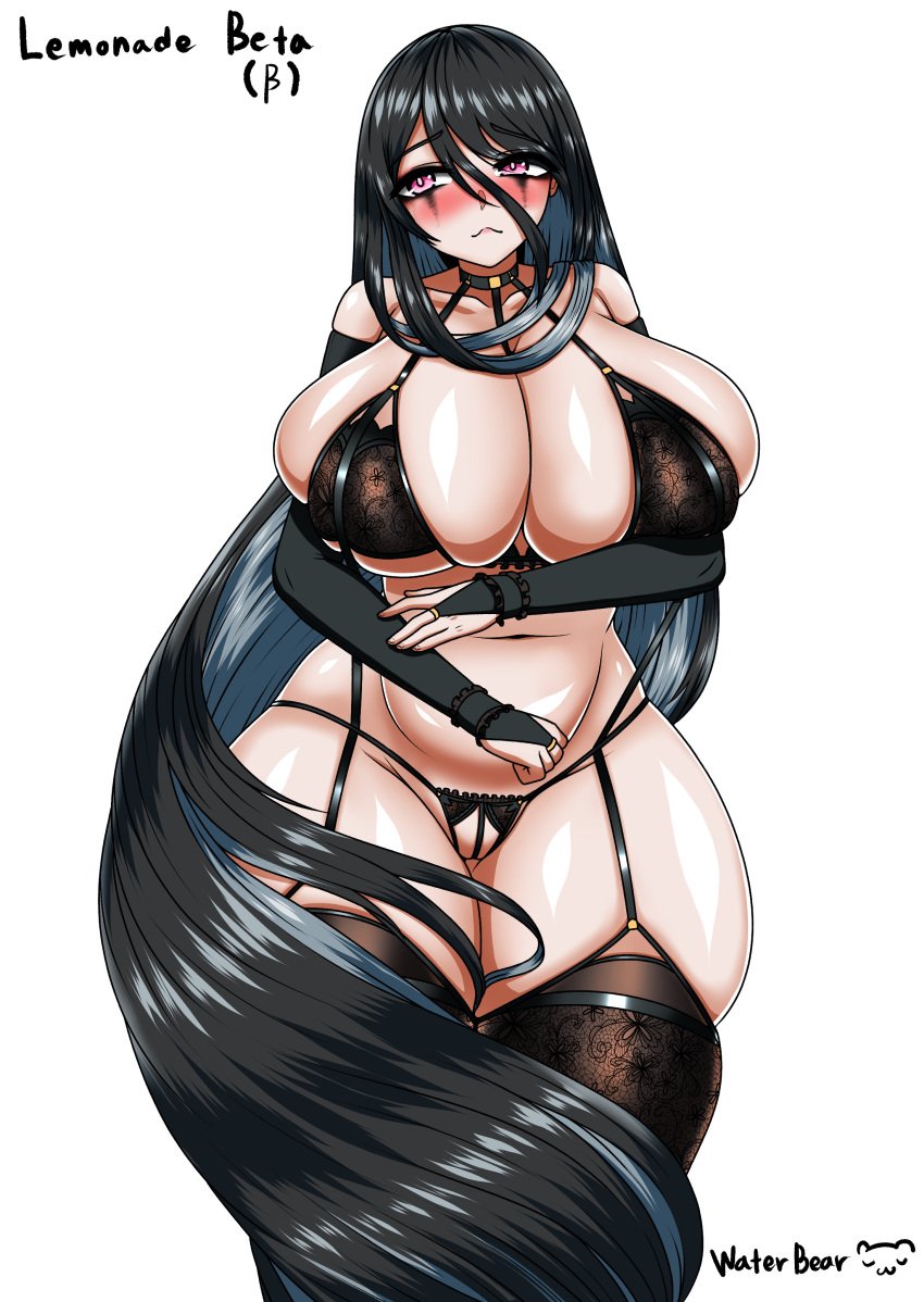 1girls aroused artist_name belly_button black_bra black_gloves black_hair black_panties blush bra breasts character_name cleavage female female_only fingerless_gloves gloves goth goth_girl heavy_breathing huge_breasts last_origin lemonade_beta light-skinned_female light_skin lingerie nose_blush panties pink_eyes simple_background solo underwear water_bear white_background