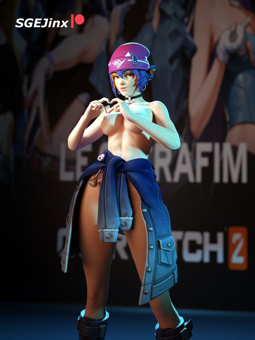 3d 3d_(artwork) antifragile_kira-kira artist_name asian_female asymmetrical_clothes asymmetrical_gloves asymmetrical_sleeves badge bandaid bandaid_on_face bandaid_on_head bangs baseball_cap beanie belt belt_buckle black_choker black_footwear blender blender_(software) blender_cycles blizzard_entertainment blue_jacket blurry blurry_background boots bracelet breasts buckle button_badge character_name choker clothes_around_waist clothing crop_top cutoffs denim denim_jacket denim_shorts depth_of_field english_language feet_out_of_frame female female_only fingerless_gloves footwear full_body gloves gun hair_between_eyes hand_on_hip handgun hat headphones headwear heart heart_hands helmet high_resolution holding holster holstered_weapon jacket jacket_around_waist jewelry k-pop kiriko_(overwatch) kiriko_kamori le_sserafim light-skinned_female light_skin looking_at_viewer medium_breasts midriff multicolored_hair nail_polish navel nude nude_female overwatch overwatch_2 pants parted_lips partially_fingerless_gloves patreon_logo patreon_username pink_headwear purple_hair red_eyes sgejinx_(artist) shirt shoes short_hair shorts single_elbow_glove single_fingerless_glove single_glove smile solo sweater text thick_thighs thighs torn_clothes two-tone_hair very_high_resolution weapon white_gloves zoom_layer