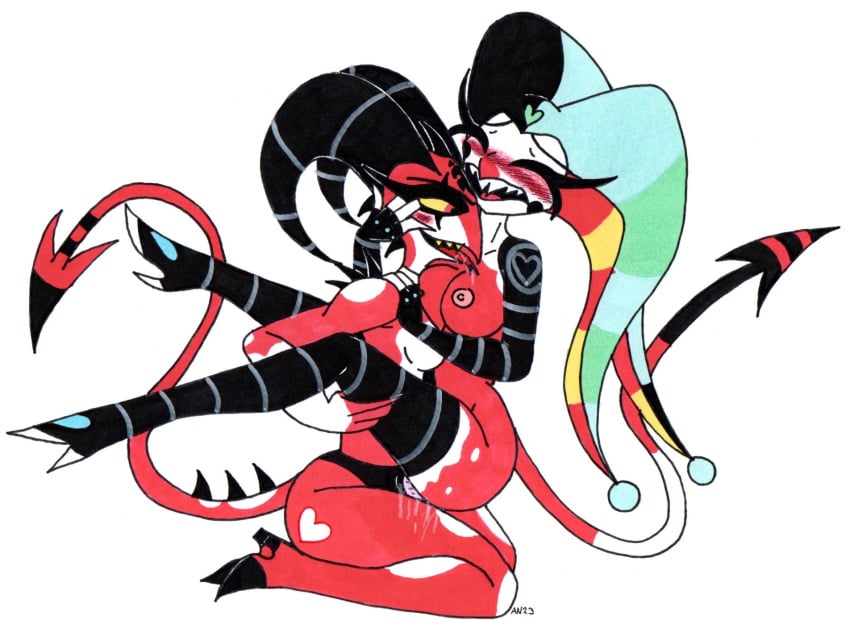 2demons 2girls anthro ass big_butt blitzo_(helluva_boss) blush bodily_fluids breasts closed_eyes clothing demon dildo duo fangs female female/female female_blitzo female_fizzarolli female_only female_penetrated female_penetrating female_penetrating_female fizzarolli_(helluva_boss) fool's_hat genital_fluids hat headgear headwear helluva_boss hi_res horn imp looking_pleasured multiple_girls nipples nude open_mouth open_smile penetration prosthetic prosthetic_arm prosthetic_leg prosthetic_limb pussy_juice red_body rule_63 saliva sex sex_toy simple_background skeleslay smile strapon strapon_sex tail teeth thick_thighs toying_partner white_body