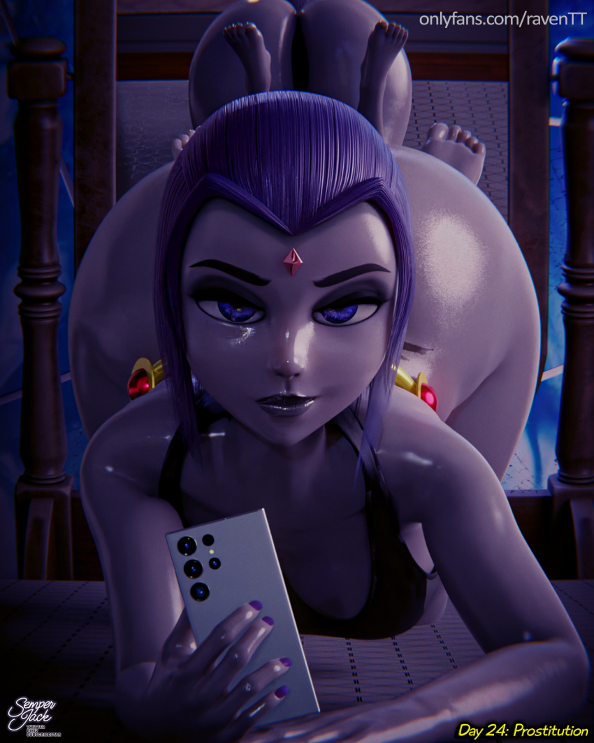 3d 3d_(artwork) bending_over bent_over big_booty big_butt dc dc_comics feet feet_up female female_only looking_at_viewer onlyfans rachel_roth raven_(dc) reflection semper_jack soles teen_titans toes