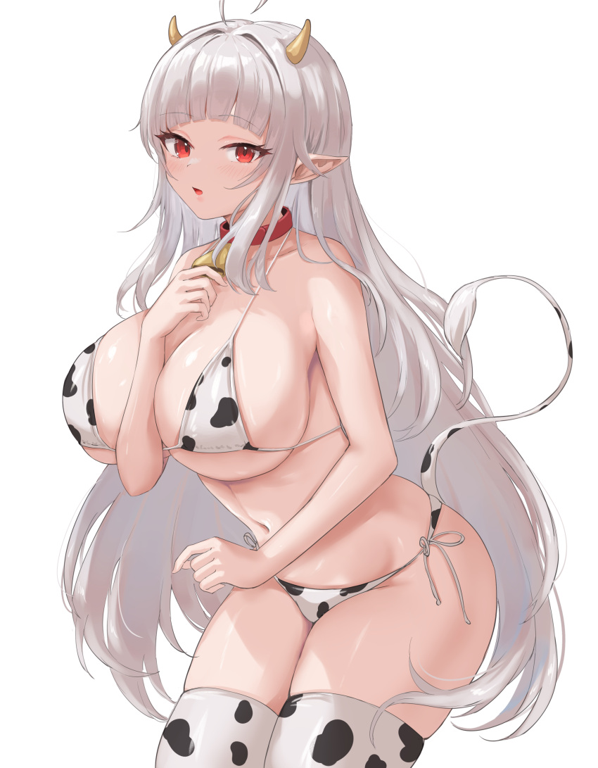 artist_request bell_collar bent_over character_request copyright_request cow_girl cow_horns cow_print cow_tail cowboy_shot cowprint_legwear hand_on_collar legwear long_hair looking_at_viewer open_mouth pointy_ears red_eyes thick_thighs white_background white_hair wide_hips