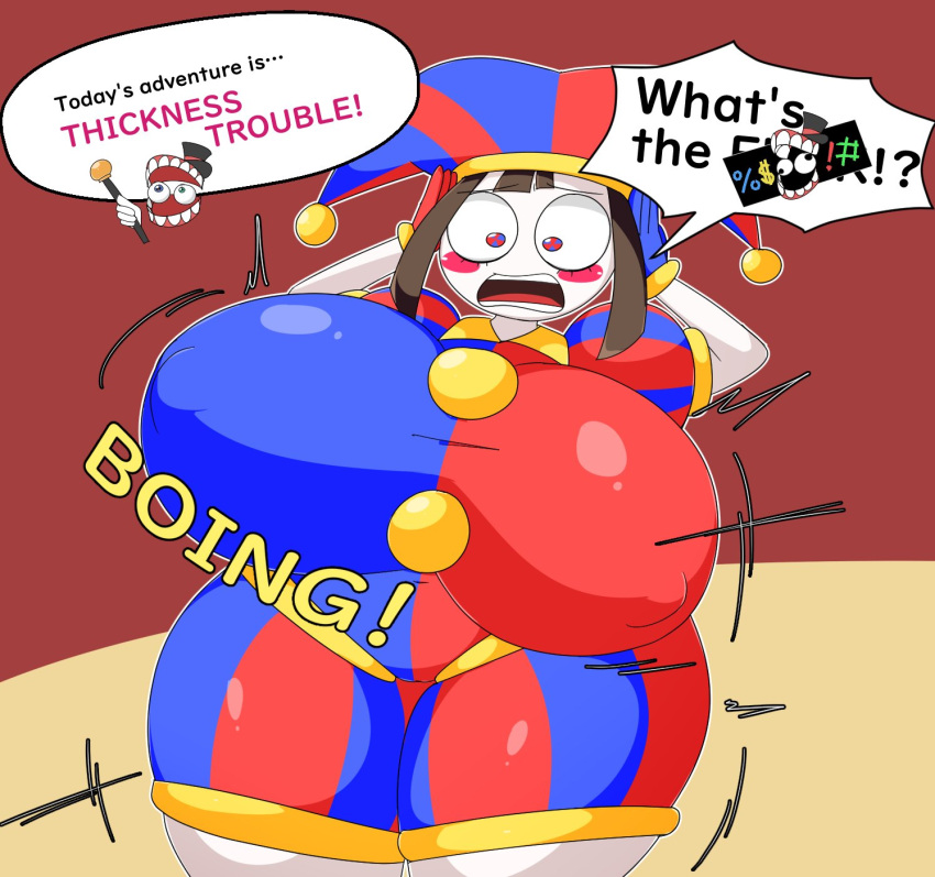 2023 2d 2d_(artwork) 2d_artwork big_breasts big_thighs bouncing_breasts breasts_bigger_than_body breasts_bigger_than_head brown_hair caine_(the_amazing_digital_circus) dialogue dialogue_box female glitch_productions gloves gooseworx huge_breasts huge_thighs jester jester_costume jester_hat jester_outfit looking_down manorea mirei2634 nipples nipples_visible_through_clothing pomni pomni_(the_amazing_digital_circus) shocked shocked_expression short_hair surprised surprised_expression tagme text the_amazing_digital_circus thick_thighs white_body