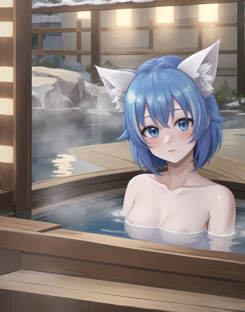 absurd_res ai_generated animal_ears blue_eyes breasts cat_ears female fur furry ghostlydiffusion hi_res highres nipples onsen short_hair solo virtual_youtuber vtuber white_body white_fur wolf_ears wolf_girl wolfychu youtube youtuber