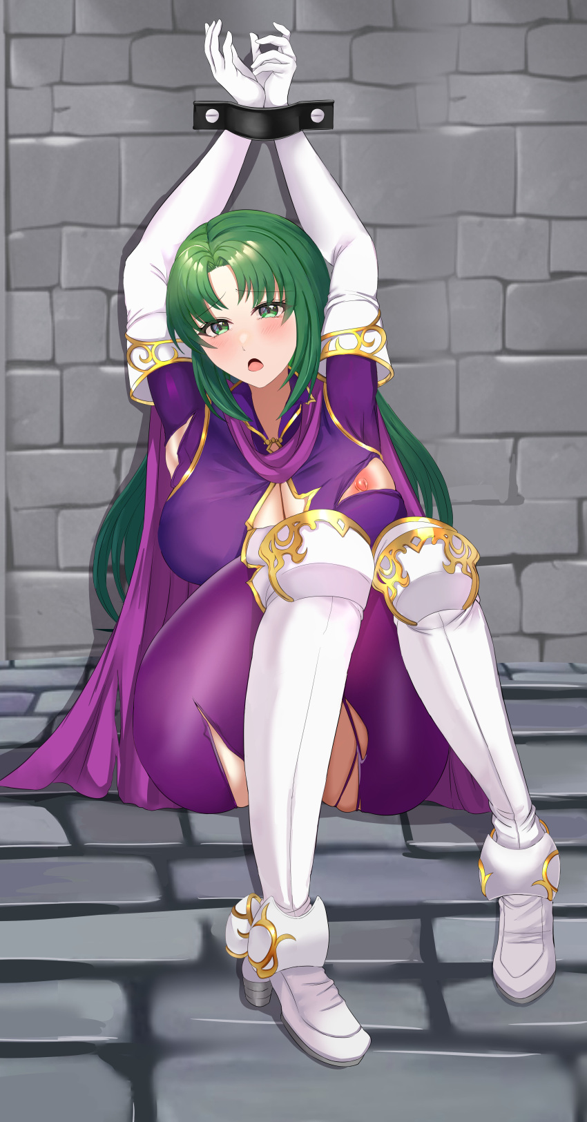 1girls armpits arms_up bondage boots bound breasts breasts_out cape cecilia_(fire_emblem) cleavage elbow_gloves female female_only femsub fire_emblem fire_emblem:_the_binding_blade frown gloves green_eyes green_hair high_heels large_breasts long_hair looking_at_viewer mature mature_female nintendo nipple_slip nipples one_breast_out open_mouth pantyhose restrained solo tara_(szzj7733) thick_thighs thigh_boots torn_clothes very_long_hair