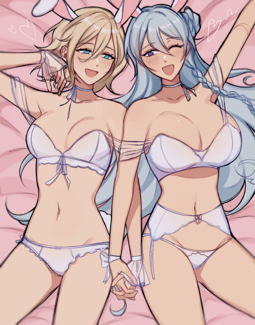 2girls absurdres animal_ears blonde_hair blue_eyes blue_hair bra breasts cleavage ensemble_stars! fake_animal_ears genderswap_(mtf) heart hibiki_wataru highres holding_hands large_breasts light_blue_hair long_hair looking_at_another lummy_yummy lying medium_breasts multiple_girls on_back one_eye_closed panties purple_eyes rabbit_ears rule_63 short_hair tenshouin_eichi underwear white_bra white_panties yuri