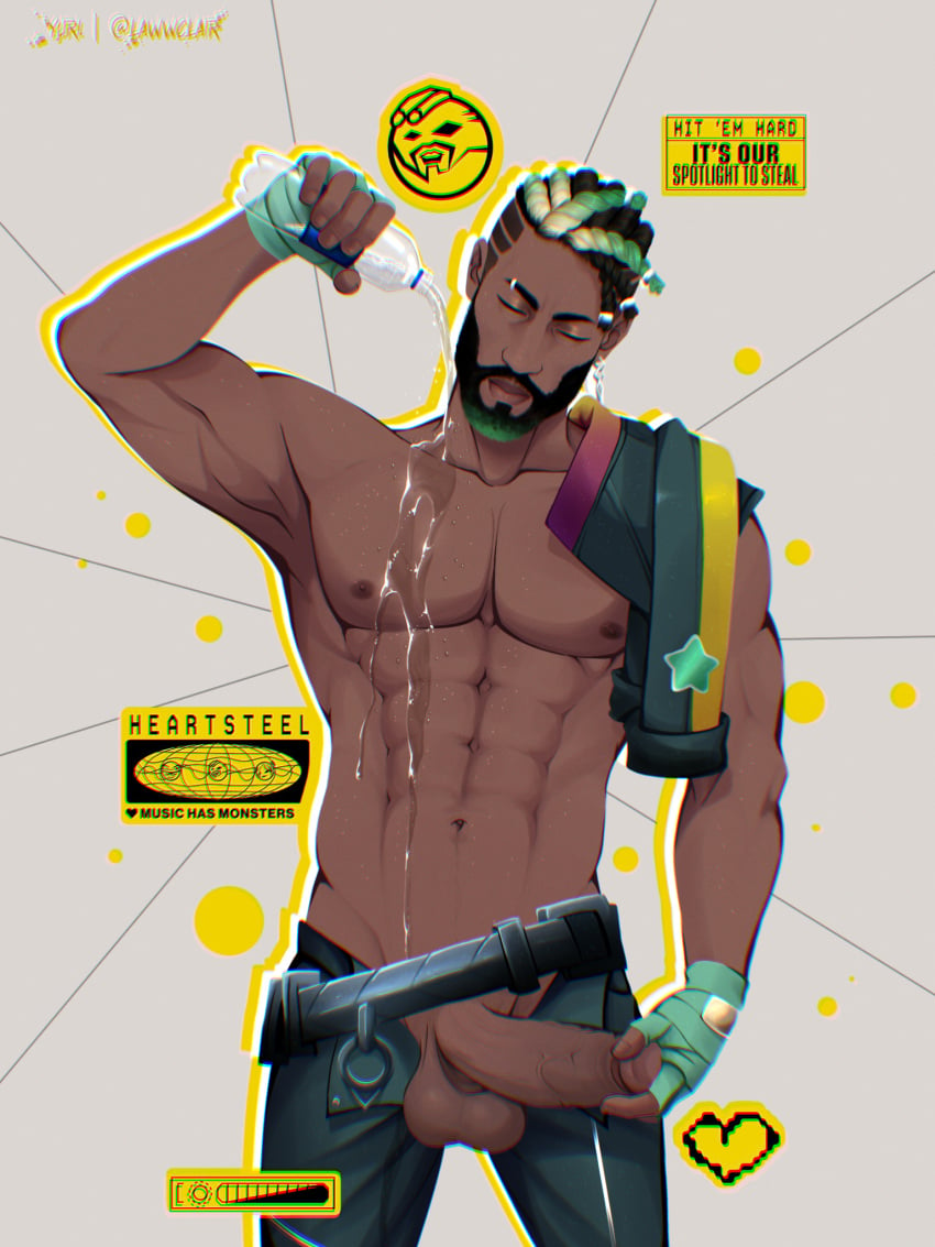 beard closed_eyes dark-skinned_male dark_skin gloves green_hair heartsteel_k'sante heartsteel_series holding_penis jacket_on_shoulders k'sante lawwclair league_of_legends male male_only pecs solo solo_male water water_bottle wet wet_body wet_skin zipper