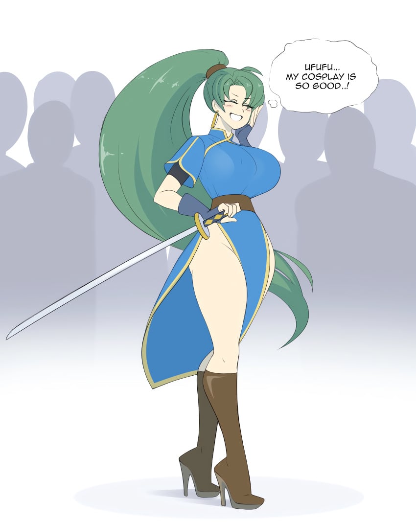 1girls big_breasts breasts convention cosplay edit english_text female_focus fingerless_gloves fire_emblem fire_emblem:_the_blazing_blade green_hair high_heel_boots high_heels in_public large_breasts long_hair lyn_(fire_emblem) lyn_(fire_emblem)_(cosplay) narrow_waist nintendo ponytail public sealguy solo_focus stiletto_heels sword text thighs thought_bubble very_high_heels wide_hips