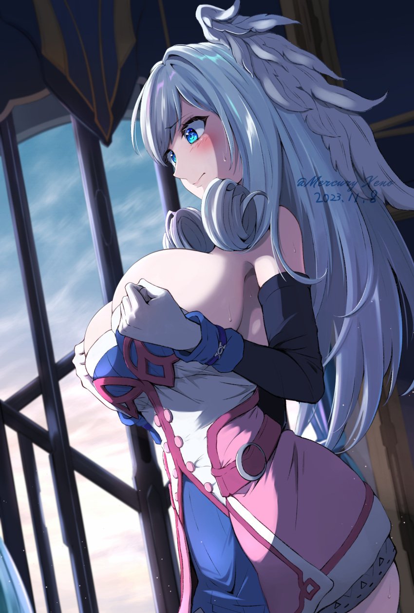 1girls absurd_res ass ass_visible_through_thighs black_sleeves blue_dress blue_eyes blush breasts busty cleavage curvy detached_sleeves dress embarrassed female female_only gloves head_wings highres hips hourglass_figure huge_breasts large_breasts long_hair melia_antiqua mercury_xeno monolith_soft nintendo pink_dress queen royalty sideboob silver_hair slim_waist thick_thighs very_long_hair voluptuous wardrobe_malfunction white_gloves wide_hips wings xenoblade_(series) xenoblade_chronicles xenoblade_chronicles_3