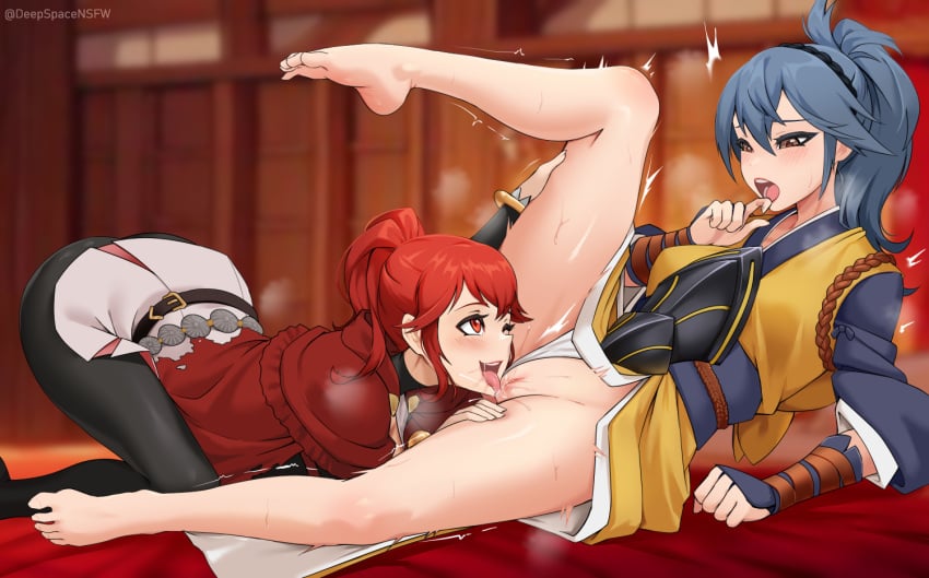 2girls anna_(fire_emblem) anna_(fire_emblem_fates) ass bare_legs barefoot bed bent_over big_ass blue_hair blush breasts brown_eyes clothing cunnilingus deepspace female female_only fire_emblem fire_emblem_fates heavy_breathing indoors japanese_clothes kimono kneeling leg_grab long_hair looking_at_another medium_breasts medium_hair multiple_girls nintendo oboro_(fire_emblem) on_bed open_mouth oral panties panties_aside pantyhose ponytail pussy red_eyes red_hair sex smile spread_legs tongue tongue_out underwear white_panties yuri