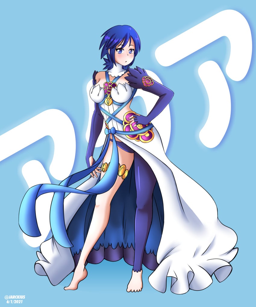 :o absurdres alternate_costume aqua_(kingdom_hearts) asymmetrical_legwear azura_(fire_emblem) azura_(fire_emblem)_(cosplay) bare_legs barefoot blue_eyes blue_hair blue_panties breasts cosplay dress elbow_gloves female fingerless_gloves fire_emblem fire_emblem_fates gloves highres jarckius kingdom_hearts name_connection panties pantyhose short_hair small_breasts solo underwear