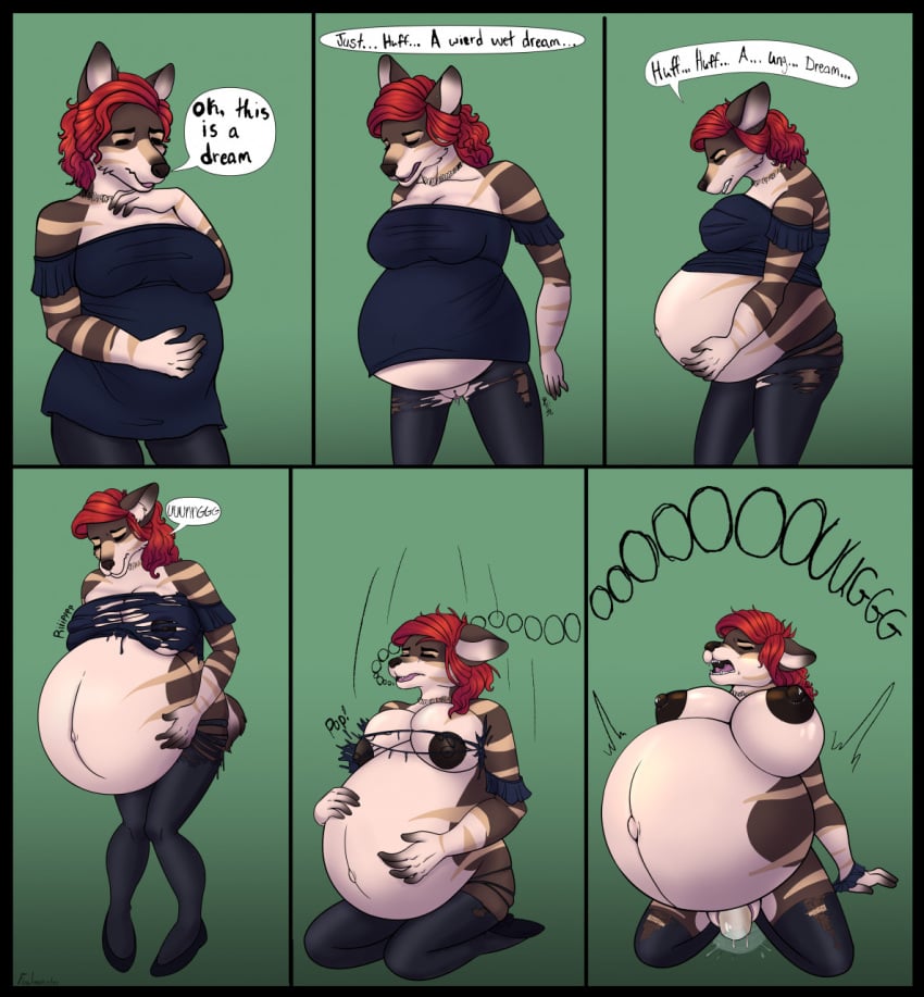 anthro big_breasts birth breast_growth breasts brown_body brown_fur canid canine clothed clothing colored comic dialogue dress english_text female fertility_idol foulmonster fur growth hair hands_on_belly hi_res hyper hyper_pregnancy kneeling long_hair mammal medium_breasts nipples nude pregnancy_progression pregnant rapid_pregnancy red_hair solo spontaneous_pregnancy text torn_clothing yellow_eyes