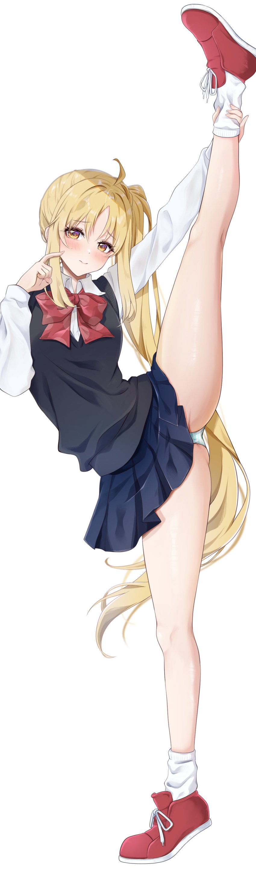 blonde_hair blue_skirt blush bocchi_the_rock! bow bowtie closed_mouth collared_shirt female full_body ijichi_nijika long_hair long_sleeves looking_at_viewer panties pleated_skirt red_bow red_bowtie red_footwear shirt shoes side_ponytail simple_background skirt solo split standing standing_on_one_leg standing_split thighs underwear vertical_splits white_background white_shirt yellow_eyes yoru0409