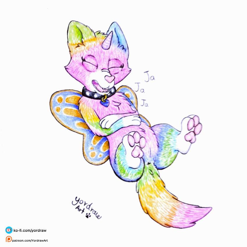 1:1 anus bent_legs collar cute_expression domestic_cat felicity felid feline felis female feral genitals hi_res hindpaw horn laugh legs_up mammal pawpads paws pussy rainbow_butterfly_unicorn_kitty solo spread_legs spreading text url wings yordraw