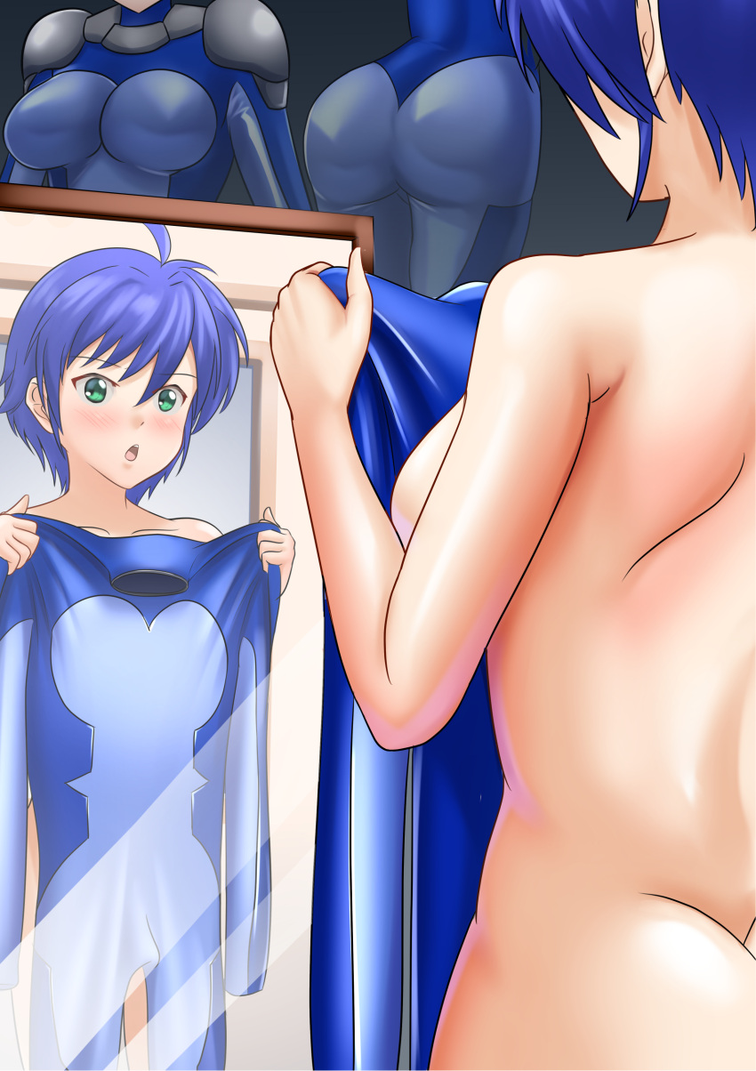 ass blue_eyes blue_hair blush bodysuit breasts female large_breasts lyrical_nanoha mahou_shoujo_lyrical_nanoha_strikers mirror numbers'_uniform open_mouth short_hair solo subaru_nakajima wata_nuki