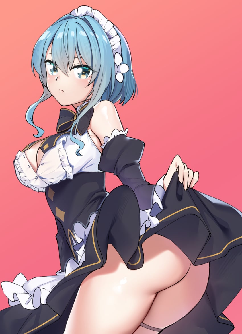 arusuko ass blue_eyes blue_hair blush breasts cleavage closed_mouth female hikikomari_kyuuketsuki_no_monmon large_breasts looking_at_viewer maid maid_headdress no_panties solo villhaze