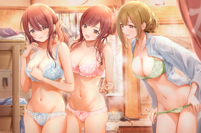 3girls bra changing_room collared_shirt cowboy_shot fujinomiya_rio hot_spring idolmaster idolmaster_shiny_colors kuwayama_chiyuki large_breasts lingerie looking_at_another obscured_face oosaki_amana oosaki_tenka open_shirt smile taking_off_panties talking_to_another tying_hair underwear