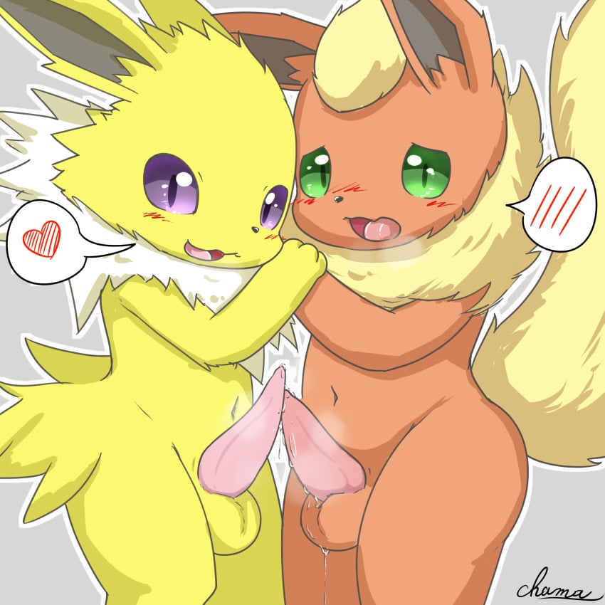 absurd_res animal_genitalia animal_penis anthro balls bodily_fluids dripping duo eeveelution erection flareon frottage generation_1_pokemon genital_fluids genitals hand_holding hi_res jolteon lakryu looking_at_viewer male male/male nintendo penis pokemon pokemon_(species) precum precum_drip sex shy